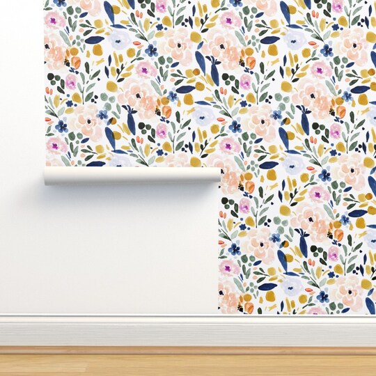 Pastel Floral Watercolor Nursery Spring Bohemian Boho Chic Girly Custom Pre-pasted Wallpaper by Spoonflower Pre-Pasted Wallpaper 2FT Wide